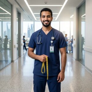 طبيب امتياز شاب يرتدي سكراب طبي كحلي1